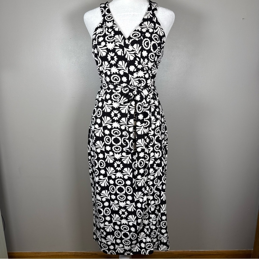 Ann Taylor Geo Sleeveless Wrap Dress Size Small Black White Stretch Career Wear